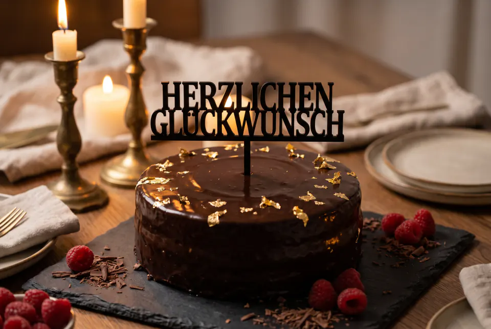 Tortenaufsatz „Herzlichen Glückwunsch“ auf einer Torte